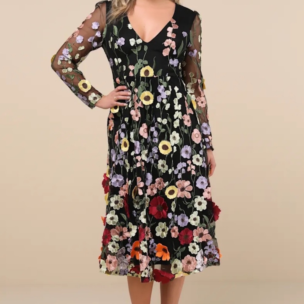 Impressive Blossom Black 3D Floral Embroidered Midi Dress